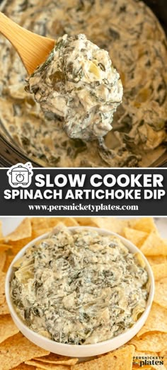 spinach artichoke dip in a crock pot with tortilla chips