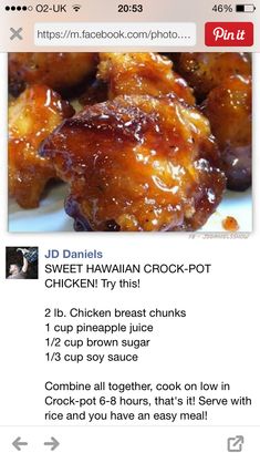 the recipe for sweet hawaiian crock pot chicken is shown in an email postcard