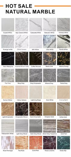 different types of marbles and colors for the walls, flooring or counter tops