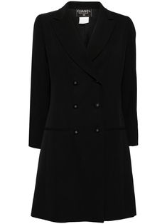 circa 1990s black wool peak lapels double-breasted design CC-logo embossed buttons two front welt pockets long sleeves buttoned cuffs tailored cut silk lining straight hem Condition: GOOD. This previously owned and used item is in good condition with minimal signs of use. This may include fading of material or plating and scratches. Wool Coat Black, City Dress, Coat Black, Summer Beach Wear, Cc Logo, Environmental Impact, Ski Wear, Black Wool, Black Coat