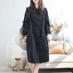 Details: Item Type: Dress Main Material: Cotton Season: Spring, Autumn Style: Leisure, Daily Pattern Type: Solid Waist Type: Loose Fit Type: Loose fit/ Pullover Size: One Size Length: 100.00 cm/ 39.37 " Bust: 128.00 cm/ 50.39 " Sleeve: 72.00 cm/ 28.35 " Casual Solid Color Shirt Dress For Work, Knee-length Cotton Solid Color Shirt Dress, Knee-length Cotton Shirt Dress In Solid Color, Casual Long Workwear Dresses, Solid Color Cotton Shirt Dress For Fall, Fall Cotton Shirt Dress Solid Color, Fall Solid Color Cotton Shirt Dress, Casual Long Dresses For Work, Casual Long Shirt Dress