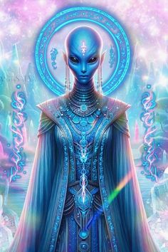 an alien is standing in front of a blue background and surrounded by swirling lights, with the