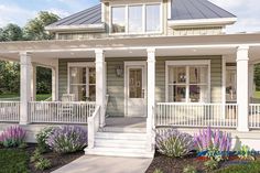 this is a computer rendering of a small house with porches and covered front porch