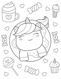 a black and white drawing of a girl with cupcakes, ice cream, sundae