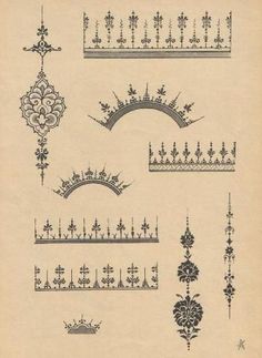 an old book with many different designs and patterns on the pages, including tiaras