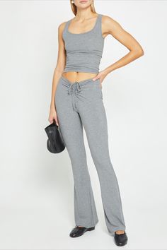 Pairs perfectly with the matching Soft Lounge Tank. Yoga Pants With Ribbed Waistband And 4-way Stretch, 4-way Stretch Sweatpants With Ribbed Waistband For Loungewear, Soft-washed Cotton Loungewear Pants, Gray Moisture-wicking Pants For Loungewear, Gray Moisture-wicking Loungewear Pants, Ruched Pants, Price Comparison, Stretchy Material, Dark Grey