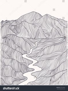 a mountain landscape with a river flowing between the mountains, hand drawn in black and white