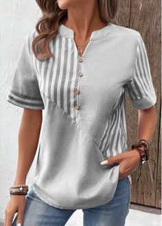 Color:Grey;Size:S;Size:M;Size:L;Size:XL;Size:XXL;Package Contents:1 X Blouse;Occasion:Other;Style:Casual; Gray Patchwork Short Sleeve Tops, Summer Gray Patchwork Tops, Gray Patchwork Summer Top, Upcycle Clothing, Geometric Clothing, Trendy Tops For Women, Striped Short, Maxi Dresses Casual, Strapless Mini Dress