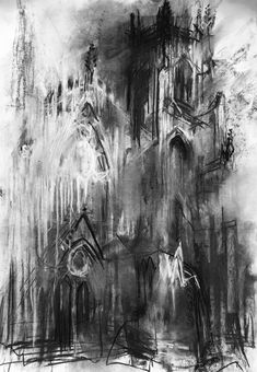 black and white drawing of an old church in the foggy day, with lots of light coming from it