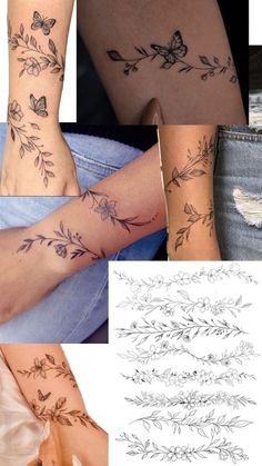 several different tattoos on the legs and feet, including one with flowers in it's center