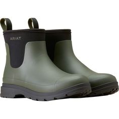 The Ariat Kelmarsh Shortie Boot keeps our feet comfortable and dry as we venture out on rainy days with its rubber and neoprene construction. They're easy to slip on and off, making them ideal for trips to the store, the mailbox, or at the park with the pups. Green Rubber Sole Rain Boots For Outdoor, Casual Slip-resistant Rain Boots For Hiking, Casual Rain Boots For Outdoor Work, Waterproof Slip-on Boots For Sports, Casual Recycled Rubber Rain Boots With Round Toe, Casual Waterproof Rain Boots For Sports, Casual Waterproof Sports Rain Boots, Ankle-high Rain Boots With Rubber Sole For Outdoor, Sporty Waterproof Rain Boots For Outdoor