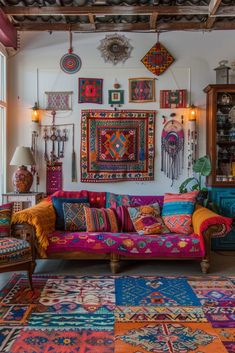 a living room filled with lots of colorful rugs