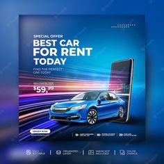 a blue car for rent flyer with an image of a cell phone and the text special offer best car for rent today