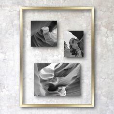 three black and white photos hanging on a wall in a gold frame, with the image being framed