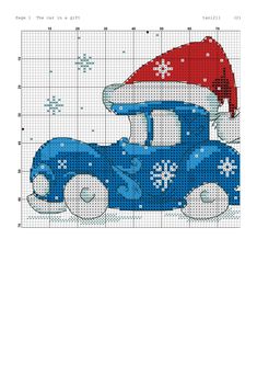 a blue car with a santa hat on it's head and snowflakes