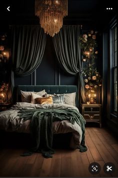 an image of a bedroom setting with dark colors