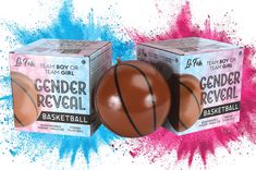 two boxes of gender reveal basketballs are shown