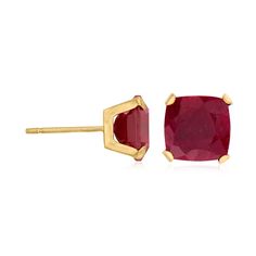 Ross-Simons - 6.00 ct. t. w. Ruby Martini Stud Earrings in 14kt Yellow Gold. July babies and fans of red, rejoice! We've got the perfect, affordable everyday studs for you. Bursting with their sweet and spicy cinnamon hue, these 6.00 ct. t. w. square cushion-cut ruby studs are simply set in polished 14kt yellow gold that turns the focus to their supreme color and shine. Post/clutch, ruby stud earrings. Ruby birthstones are the perfect gift for July birthdays. Classic Ruby Earrings In Yellow Gold, Classic Hallmarked Earrings For Valentine's Day, Classic Earrings For Valentine's Day, Red 14k Gold Earrings Fine Jewelry, Classic Red Earrings For Valentine's Day, Classic Red Gia Certified Jewelry, Classic Jewelry With Gia Certified Lab-created Ruby, Red Prong Set Earrings For Valentine's Day, Red Prong-set Earrings For Valentine's Day