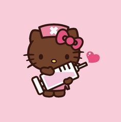 a hello kitty holding a piece of paper with a heart on it's side