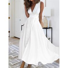 Season:Summer; Fabric:Cotton; Sleeve Length:Sleeveless; Look After Me:Machine wash; Gender:Women's; Style:Streetwear,Maxi; Elasticity:Micro-elastic; Occasion:Date,Vacation,Street,Holiday; Fit Type:Regular Fit; Dresses Type:Summer Dress,White Dress,A Line Dress; Design:Ruched; Neckline:V Neck; Listing Date:03/15/2024; Bust:; Length:; Shoulder Width:; Fit US Size:; Fit UK Size:; Fit EU Size:; Dress Length Type:Long Dress Maxi Dress,Maxi Dress; Print Type:non-printing Working Dresses, Sukienki Plus Size, Womens Long Dresses, Sleeveless Skirt, Dresses Formal Elegant, Chiffon Floral, Plus Size Maxi Dresses, Evening Gowns Formal, Types Of Dresses