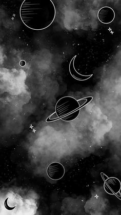 black and white image of planets in the sky with stars, clouds and crescents