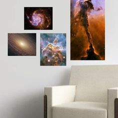 a chair sitting in front of a wall with pictures on it and the space behind it