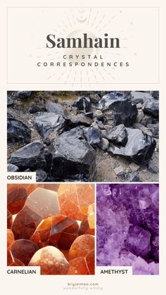 some rocks and stones are shown with the words samhan crystal correspondences on them