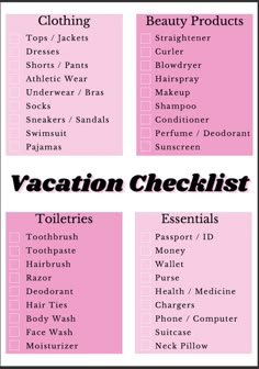 a pink and black checklist with the words vacation checklist written in white on it