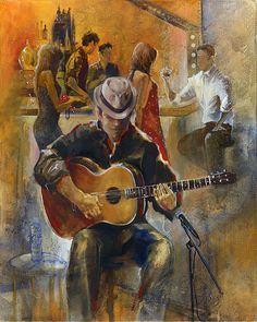 a painting of a man playing the guitar in front of other people sitting at a bar