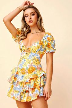 Korina Mini Dress // Yellow Fitted Sundress With Ruffle Hem, Fitted Summer Mini Dress With Ruffle Hem, Yellow Knee-length Dress With Ruffle Hem, Fitted Summer Dress With Ruffle Hem, Fitted Multicolor Puff Sleeve Dress With Ruffles, Feminine Fitted Tiered Puff Sleeve Dress, Fitted Dresses With Ruffle Hem For Day Out, Lined Mini Dress For Garden Party, Lined Knee-length Mini Dress For Garden Party