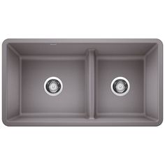 the double bowl kitchen sink has two faucets on one side and an undermounted drain