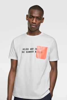 ZARA - Male - Pocket t-shirt - White-orange - Xl Zara Outfits Summer, Summer Outfits Zara, Zara Men Outfits, Zara Summer Outfits, Zara Fashion Outfits, Fashion Outfits Men, Mens Printed T Shirts, F Men, Zara Summer