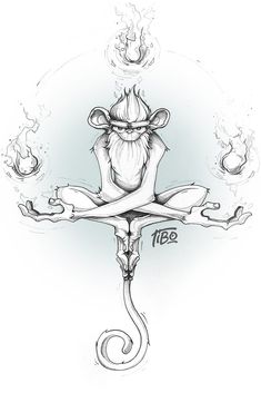 a drawing of a monkey sitting on top of a cross with flames coming out of it