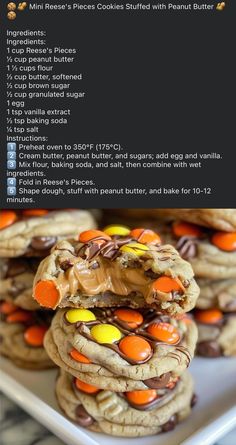 cookies with chocolate and candy are stacked on top of each other in front of the recipe