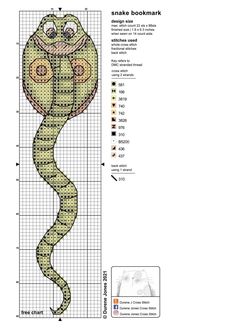 a cross stitch pattern with a snake on it's head and the words snakes bookmark