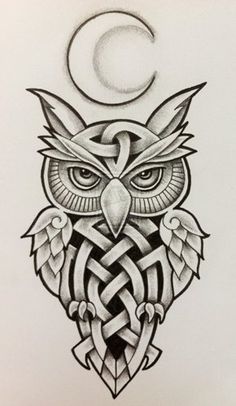 an owl with celtic patterns on it's face and the moon in the background