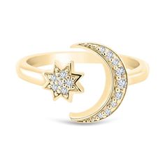 This classic ring is set in Yellow Gold Plated Sterling Silver with a Round White Sapphire in the center in star and moon shape. Adjustable Celestial Star-shaped Rings, Celestial Star Shaped Rings For Anniversary, Round Star, Moon And Star Ring, White Sapphire Ring, Star And Moon, Star Ring, Moon Design, Classic Ring