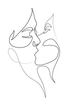 a line drawing of two people's faces, one is kissing the other side