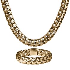 Make an outfit that much more spectacular with this set. A unique multi-link strand has been expertly crafted from premium grade, stainless steel finished in rich yellow gold. This standout chunky wave design gives any outfit the finishing touch it needs. Timepieces International Gold Link Necklace Men, Luxury Gold Chain Necklace For Men, Luxury Gold-tone Men's Jewelry, Luxury Gold-tone Chunky Chain Jewelry, Luxury Gold-tone Chain Link Bracelets, High Tide, Wave Design, Cross Bracelet, Gold Wedding Band