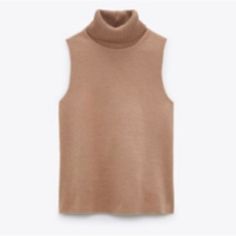 Zara Turtleneck Sleeveless Sweater 48% Polyester 1% Elastane 51% Cotton Sleeveless Denim Vest For Fall, Elegant Sleeveless Winter Tops, Fall Sleeveless Tank Top, Beige Sleeveless Top For Layering, Casual High Neck Vest For Fall, Stretch Tank Vest For Fall, Elegant Sleeveless Brown Tops, Zara Beige Vest For Fall, Zara Sleeveless Vest For Fall