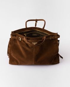 Prada Suede Bag, Re Edition Prada, Suede Handbag, Suede Bag, Luggage Bags Travel, Suede Handbags, Mens Travel Bag, Denim T Shirt, Cocoa Brown