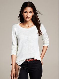 Ribbed Linen Pullover - Sweaters Casual Long Sleeve Top For Fall Workwear, Casual Long Sleeve Top For Work, Fall Season, Casual Long Sleeve Top For Work In Fall, Chic 3/4 Sleeve Tops For Layering, Crew Neck Sweater For Casual Gatherings, Versatile Tops For Layering With 3/4 Sleeves, Fall Layering Sweater With 3/4 Sleeve, Trendy Tops With 3/4 Sleeves For Work, Trendy 3/4 Sleeve Tops For Work