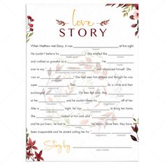 a love story card with flowers and leaves