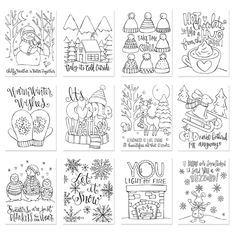 six christmas cards with hand lettering and pictures on the front, one is black and white