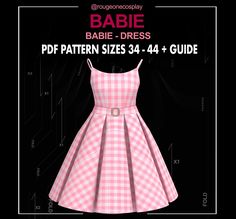 a pink and white checkered dress on a black background with the words babe - dress pattern sizes 344 - 444 guide