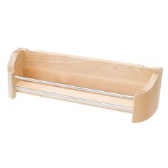 a wooden shelf with metal handles on it