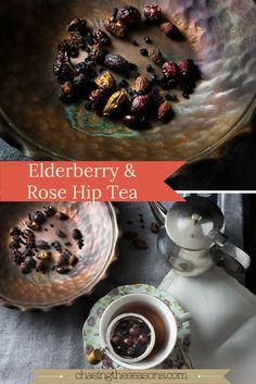 elderberry and rose hip tea in a glass bowl next to a plate with berries on it