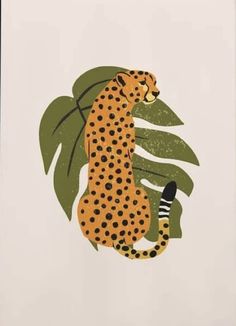 a painting of a cheetah sitting on top of a green leafy plant