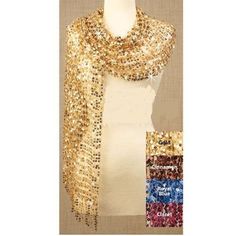 DELUXE SEQUINED SCARF   This deluxe light weight scarf is 64" long x 22" wide.  A flirty, fabulous confection in airy, cotton mesh shines with sequins and dazzles with tassels.  Toss it on to finish off a look for daytime or night.  Hand wash. *GOLD *CINNAMON BROWN *ROYAL BLUE *CLARET RED   Absolutely adorable.  SEE:  PURPLE, PINK, TURQUOISE BLUE, IRIDESCENT PEARL, GREEN, RED, AND BLACK SEQUINED SCARF ON OTHER AUCTIONS. ALL ITEMS ARE NEW & INSPECTED BEFORE SHIPPED! I ship immediately.   See my 10,000+ positive feedbacks and bid with confidence.    New ebayers:  Please email me before bidding to be sure you know how ebay works....  Too many NONPAYERS lately. I try to state when it is last one for you.  Sometimes it will be listed again due to "NONPAYING BUYER",  or I may have found another Light Weight Scarf, Sequin Scarf, Cinnamon Brown, Claret Red, Iridescent Pearl, Large Scarf, Lightweight Scarf, Gold Sequins, Turquoise Blue