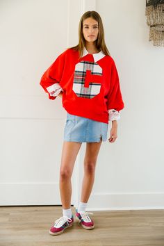 Get festive with our CUSTOM CHRISTMAS LETTER PULLOVER! Available in navy or red with your choice of plaid or tweed custom letter, this pullover is perfect for layering during the holiday season. Show off your Christmas spirit in style! All orders are currently shipping within 14 business days. To receive item quicker, expedited shipping is available at checkout. **All Christmas orders must be placed with expedited shipping to guarantee delivery by Dec. 24 if placed after Dec. 10. All 2-Day/Next Preppy Cotton Sweatshirt For Fall, Christmas Letter, All Christmas, Christmas Lettering, Custom Letters, Custom Christmas, Christmas Spirit, The Holiday, Show Off